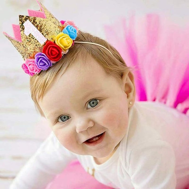 ipalmay Baby Princess Glitter Gold Crown  1st Birthday Party Hat Gold with Mix Rainbow Color Flowers - Image 4